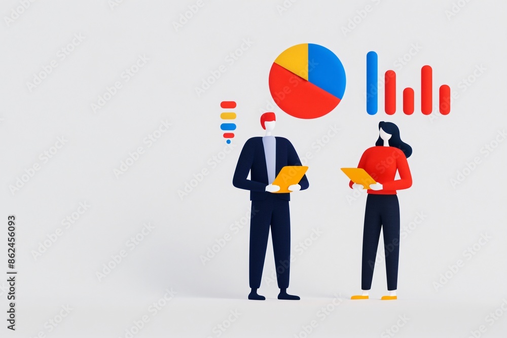 Poster illustration of business people analyzing data with charts and graphs in a modern and abstract style