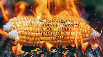 Close-up of roasted corn on the cob grilling over open flame, charred edges and golden kernels while flames dance around, setting a cozy ambiance
