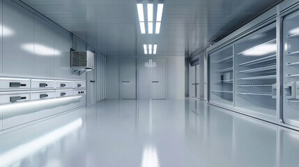 A clean, brightly lit industrial food storage freezer, featuring a long, sterile hallway with a smooth, reflective floor