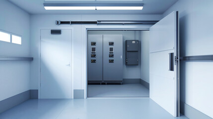 A white, industrial refrigerated room with a large, open door, revealing a freezer and control panel. The room is clean and well-lit, with a smooth, light-colored floor