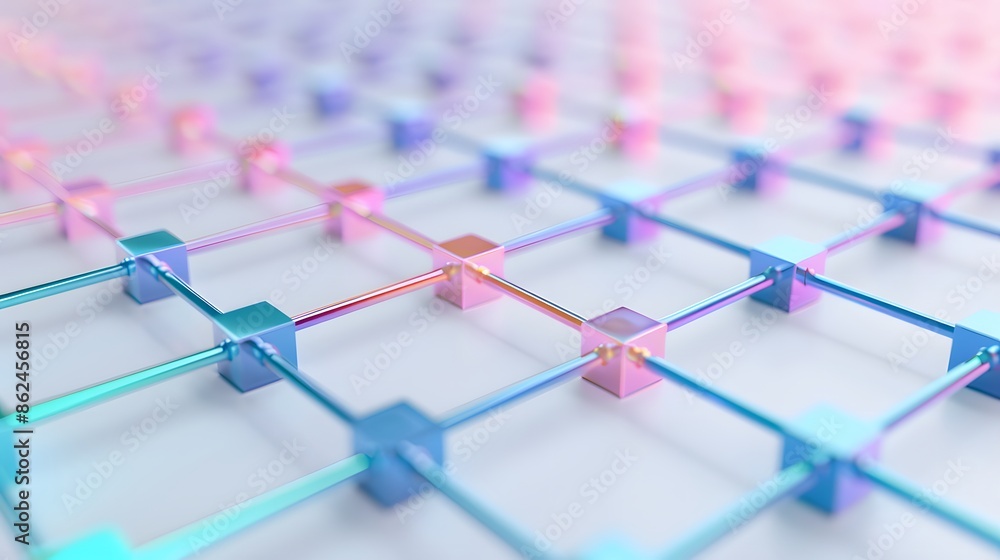 Poster abstract 3d grid pattern featuring interlocked cubes with a gradient of blue and pink colors. techno