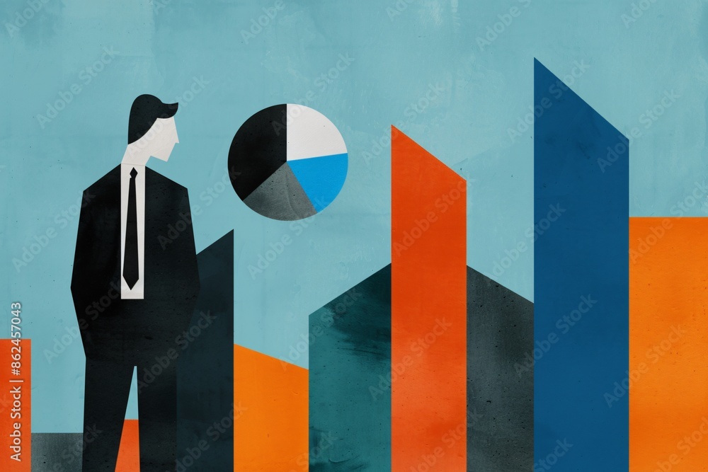 Poster abstract business illustration showing a businessman analyzing various colorful graphs and charts re