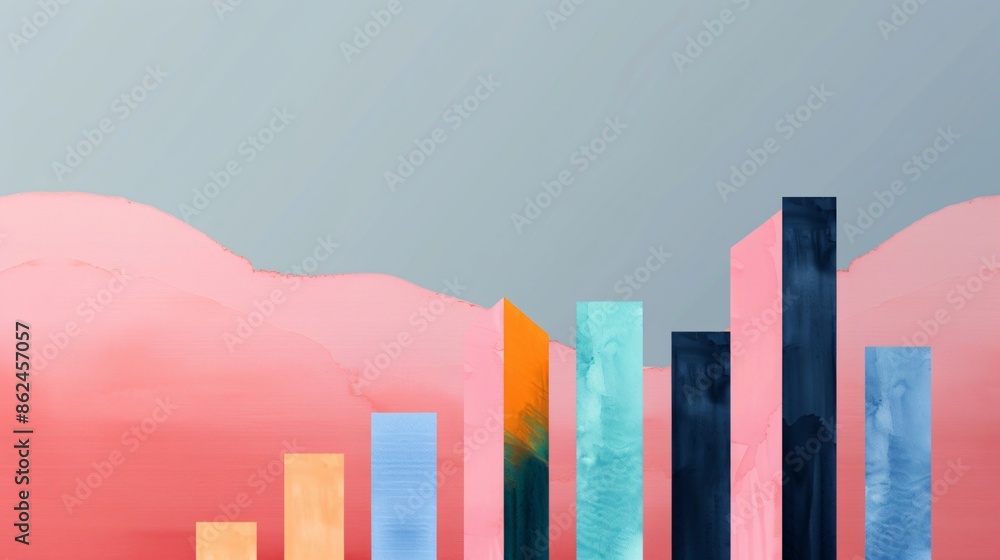 Poster abstract colorful bar chart against a pink and gray gradient background, combining modern art with d