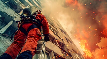 Firefighter heroically climbs ladder towards burning building amidst smoke and flames during rescue operation.