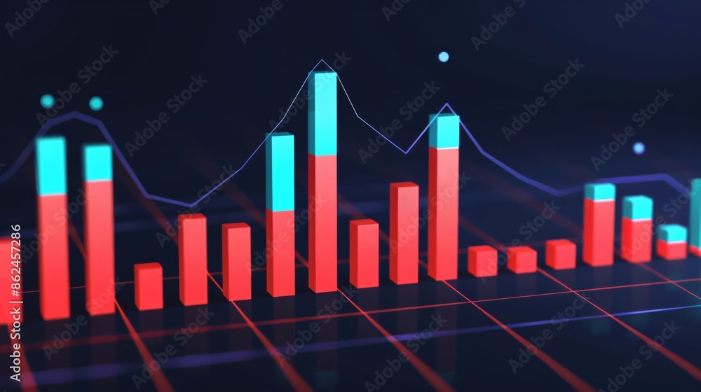 Poster abstract financial data visualization with red and blue bar graphs, showcasing market trends and ana