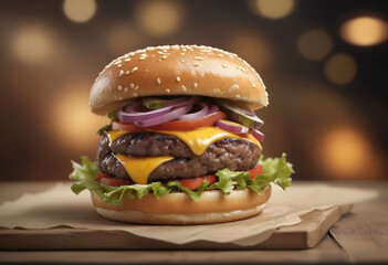 Photograph of a gourmet burger masterpiece, blurred background, copyspace on a side