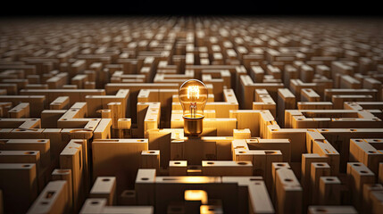 Obraz premium Light bulb within a maze for problem-solving, inventive thinking, and finding solutions in difficult situations
