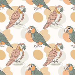 Fototapeta premium Seamless pattern, linear drawings of tropical parrots on a background of abstract shapes. Cute macaw birds. Design for textile, background, print