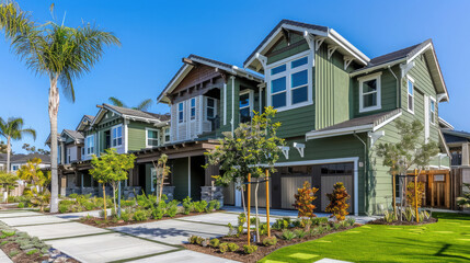 Elegant duplex houses adorned with green wood vinyl sidings in the scenic Carlsbad, San Diego, California. A perfect blend of charm and coastal allure.