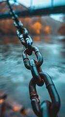 Close-up of chain in focus with blurred background of bridge and water, autumn colors. Depth of field and perspective concept
