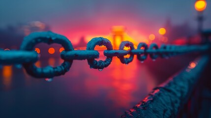 Close-up of chain links with blurred city lights in the background