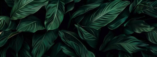 Lush dark green tropical leaves create a rich and moody background, showcasing their detailed texture and natural beauty.
