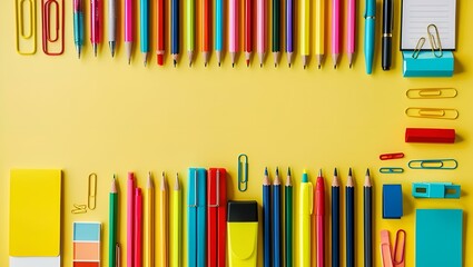 Frame of office supplies on a yellow background Flat lay view above copy area with blank center for pasted text.