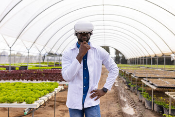 Obraz premium Wearing VR headset, male farmer inspecting hydroponic vegetable garden in greenhouse