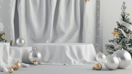 serene holiday-themed setups featuring light-colored drapes, festive ornaments, and delicate decorations, creating a peaceful and elegant holiday ambiance