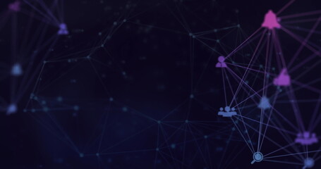 Image of network of connections and globe of digital icons spinning against black background