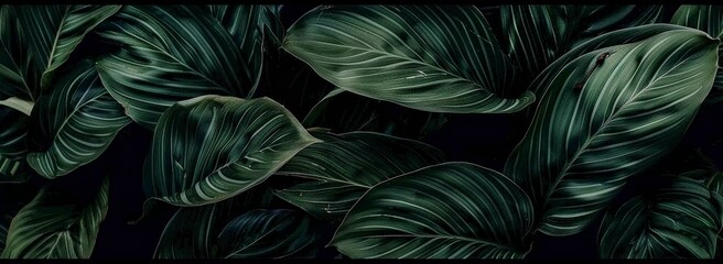 Lush dark green tropical leaves create a rich and moody background, showcasing their detailed texture and natural beauty.
