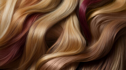 Naklejka premium Vibrant collection of healthy dyed hair with a variety of colours. Tints. A range of swatches for hair color