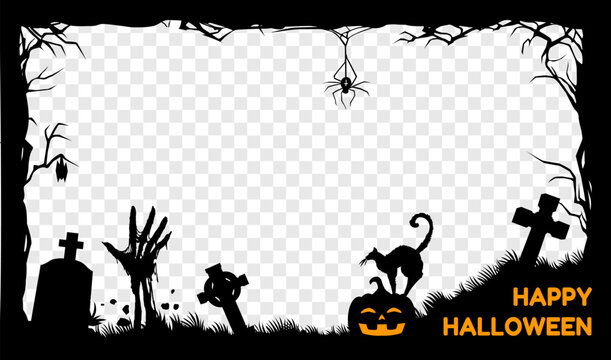 Halloween holiday black frame for social media post, vector template with zombie hands on cemetery. Halloween horror night border frame with pumpkin lantern and tombstone for social media post