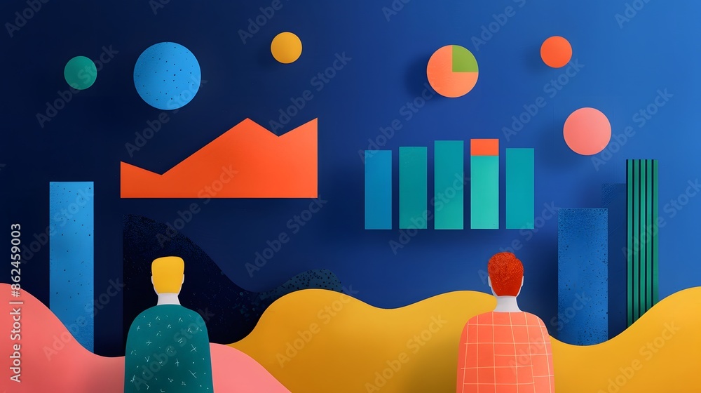 Poster abstract illustration of two individuals analyzing colorful charts and graphs on a dark background.