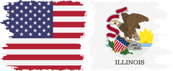 Illinois state and USA grunge flags connection vector