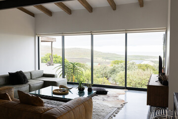 Modern living room with large windows, green sofa, and glass coffee table, copy space