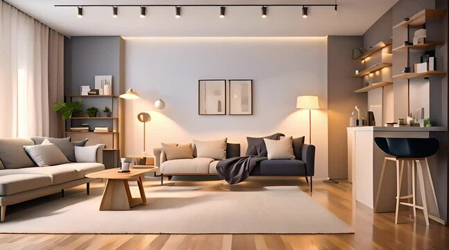 modern room interior with light time lapse. modern apartment mock-up 3d animation 4k
