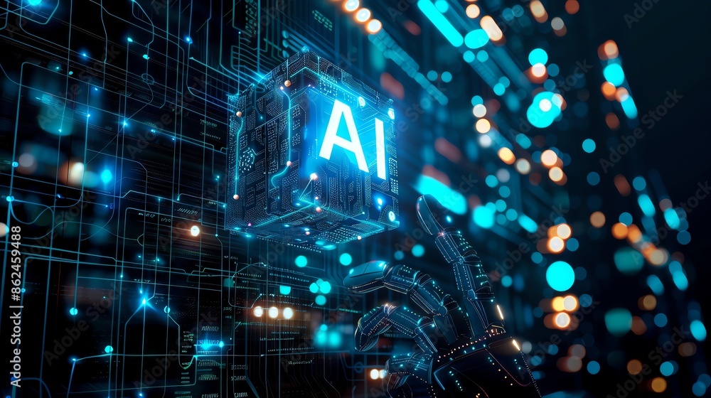 Aufkleber futuristic digital illustration of artificial intelligence technology with glowing ai icon and robot