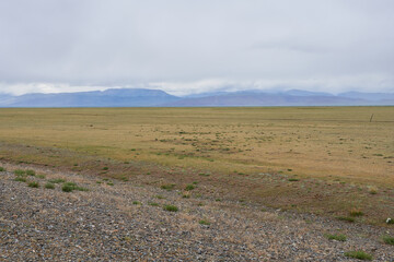Steppe landscape in changeable weather. Overcast weather.