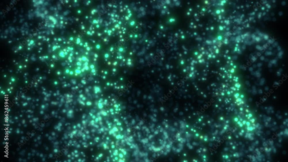 Poster passing through blue abstract floating fluid particles with black background - quantum concept visua