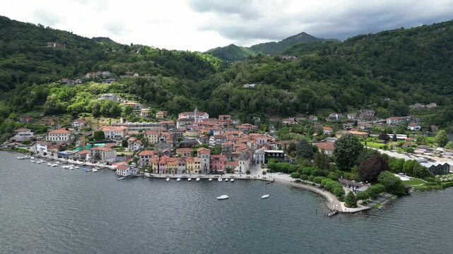 Panoramic aerial of Italian town on Lake Orta in Piedmont region, Italy