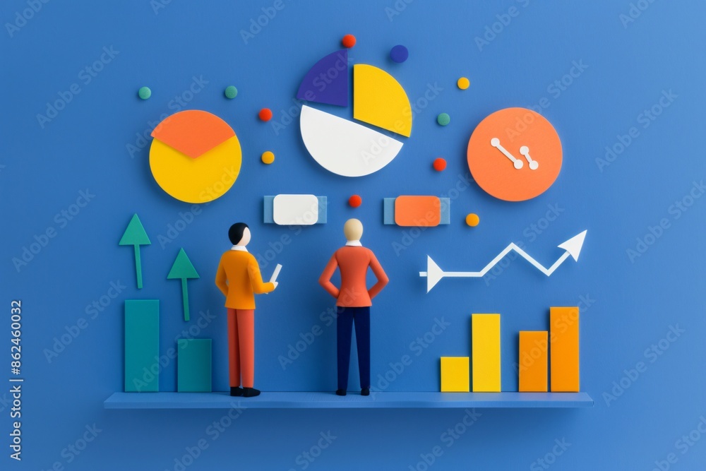 Poster business figures analyzing data, represented by colorful charts and graphs on a blue background. con