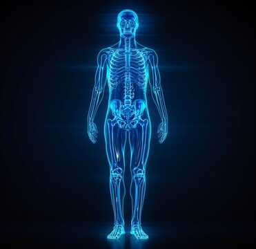 3D x-ray of the human body with bones visible, full length, front view, on a black background, with a blue glow on the skeleton and skin, of high resolution, high quality, and high detail, in the