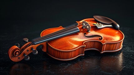 Fototapeta premium Elegant Wooden Violin on Textured Black Surface with Dramatic Lighting