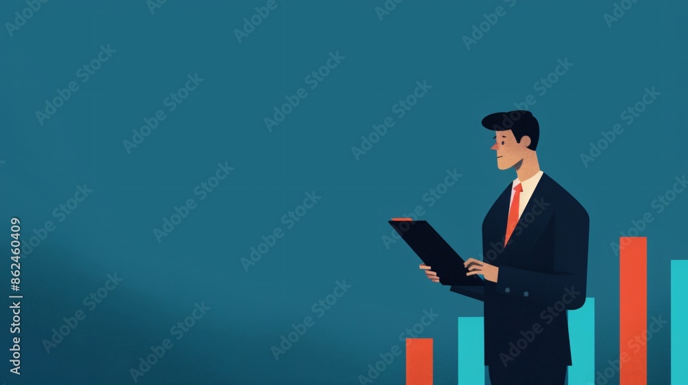 Poster businessman analyzing data chart on blue background. professional in suit using tablet with growing 