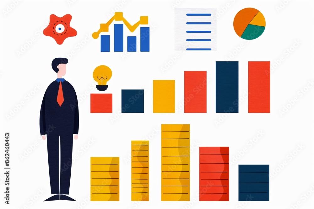 Poster businessman analyzing data with various graphs and charts representing financial and business growth