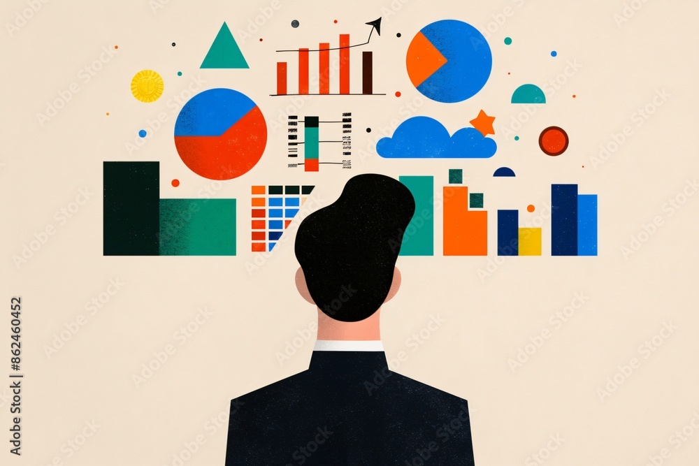 Poster businessman analyzing data visualization with colorful charts and graphs, representing business anal