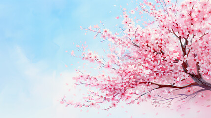 Cherry blossom tree in full bloom, delicate pink flowers against a clear blue sky, watercolor strokes capturing the ethereal beauty and vibrant colors