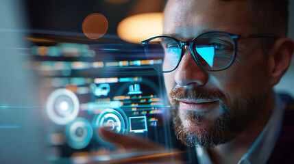 Man focusing on futuristic digital screen interface, analyzing data visualization and graphs in a modern, high-tech setting.