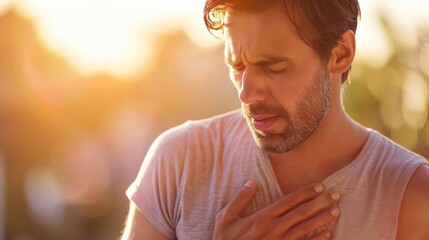 A man with a worried expression, clutching his chest, stands in the warm glow of the setting sun.
