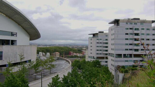 Static shot of the corner of a stadiom in Porto, with a view.