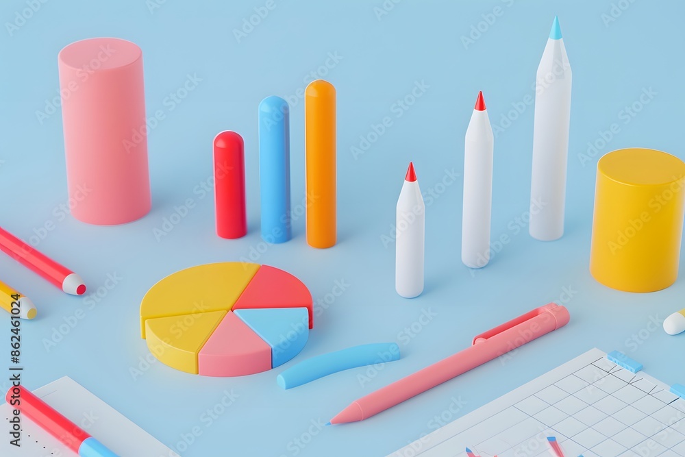 Poster colorful 3d bar and pie charts with pens and graph papers on a blue background, representing data an