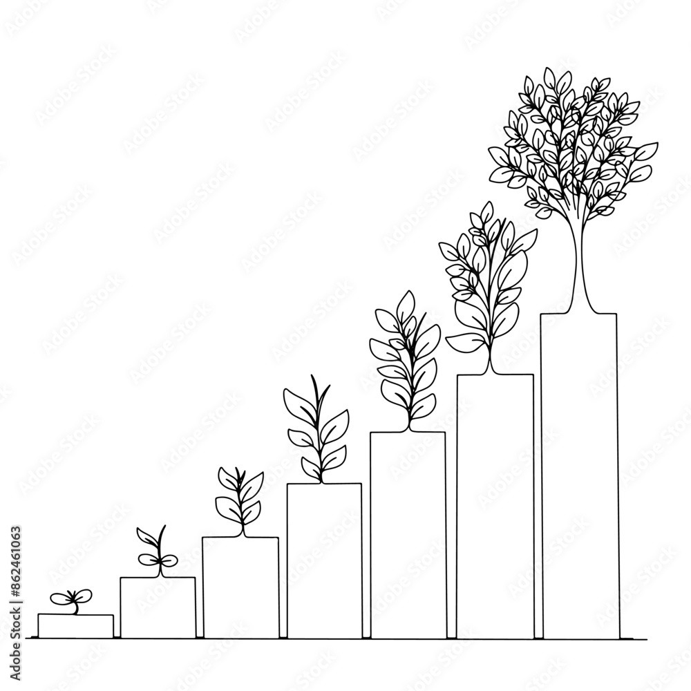 Poster continuous line drawing of growth graph with tree isolated on transparent background. illustration v