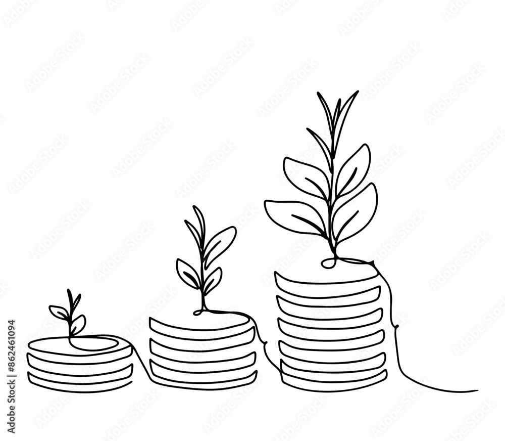 Poster continuous line drawing of coins stack with tree growing. vector design line art illustration money 