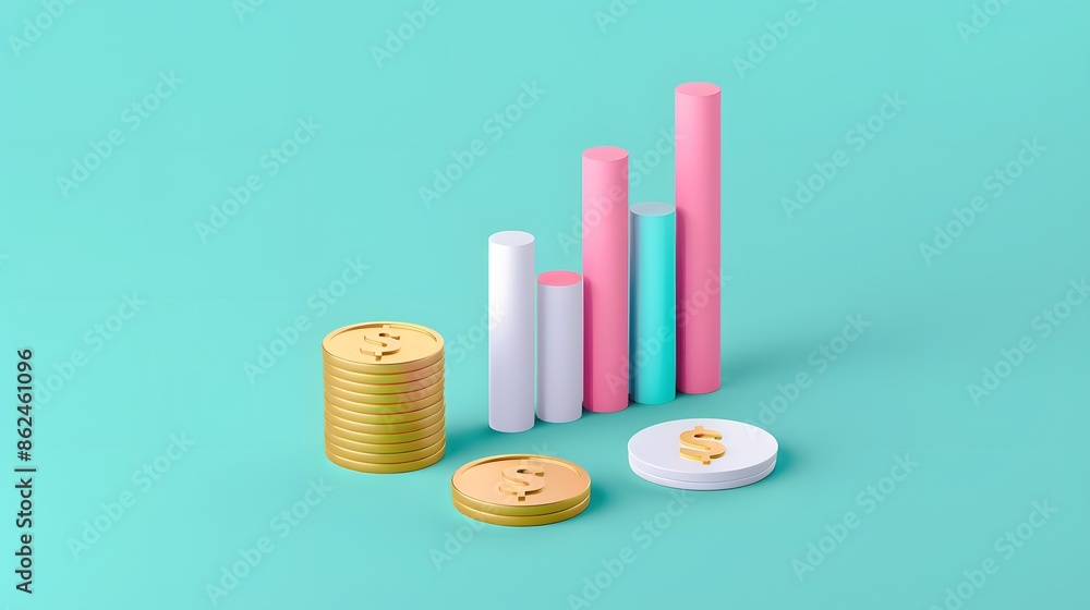 Poster colorful 3d bar graph and coins representing financial growth and data analysis on a light blue back