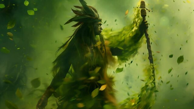 Towering forest spirit materializing from swirling leaves and branches. Glowing eyes pierce through foliage-formed visage. Arms outstretched, commanding nature's power. 
