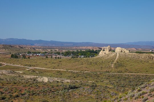 Teapot Arch is visible in the foreground of this view of the small town of Panaca, Nevada.