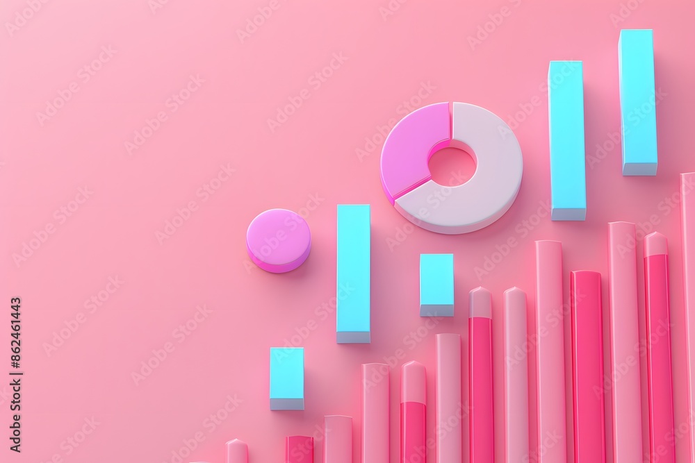 Poster colorful 3d graphs and charts on a pink background, representing data analysis and business reports.