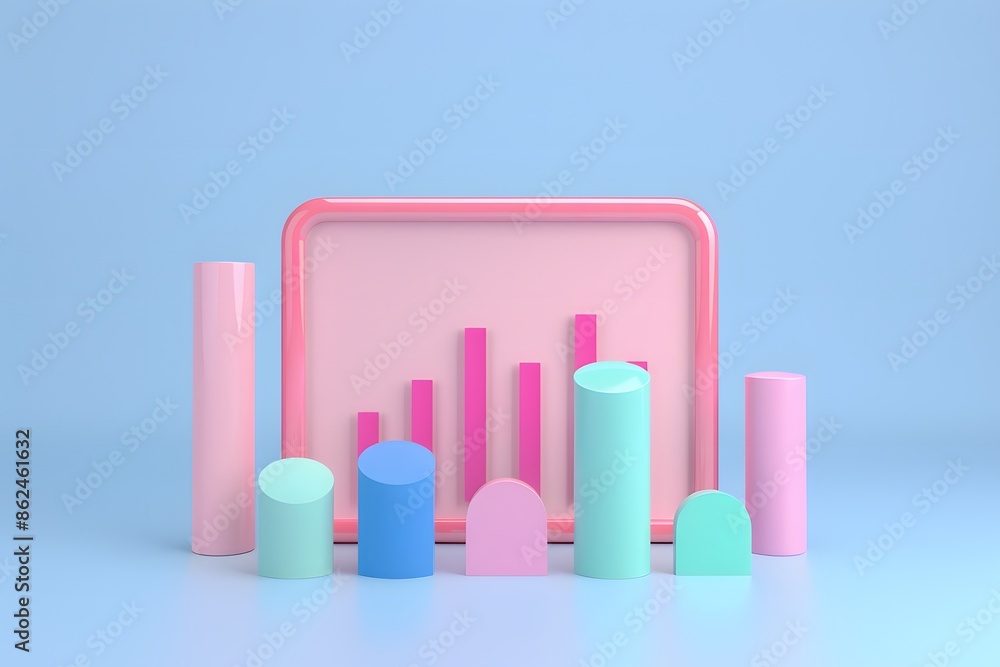 Poster colorful 3d shapes arranged in a graph format against a pastel blue background, highlighting data an