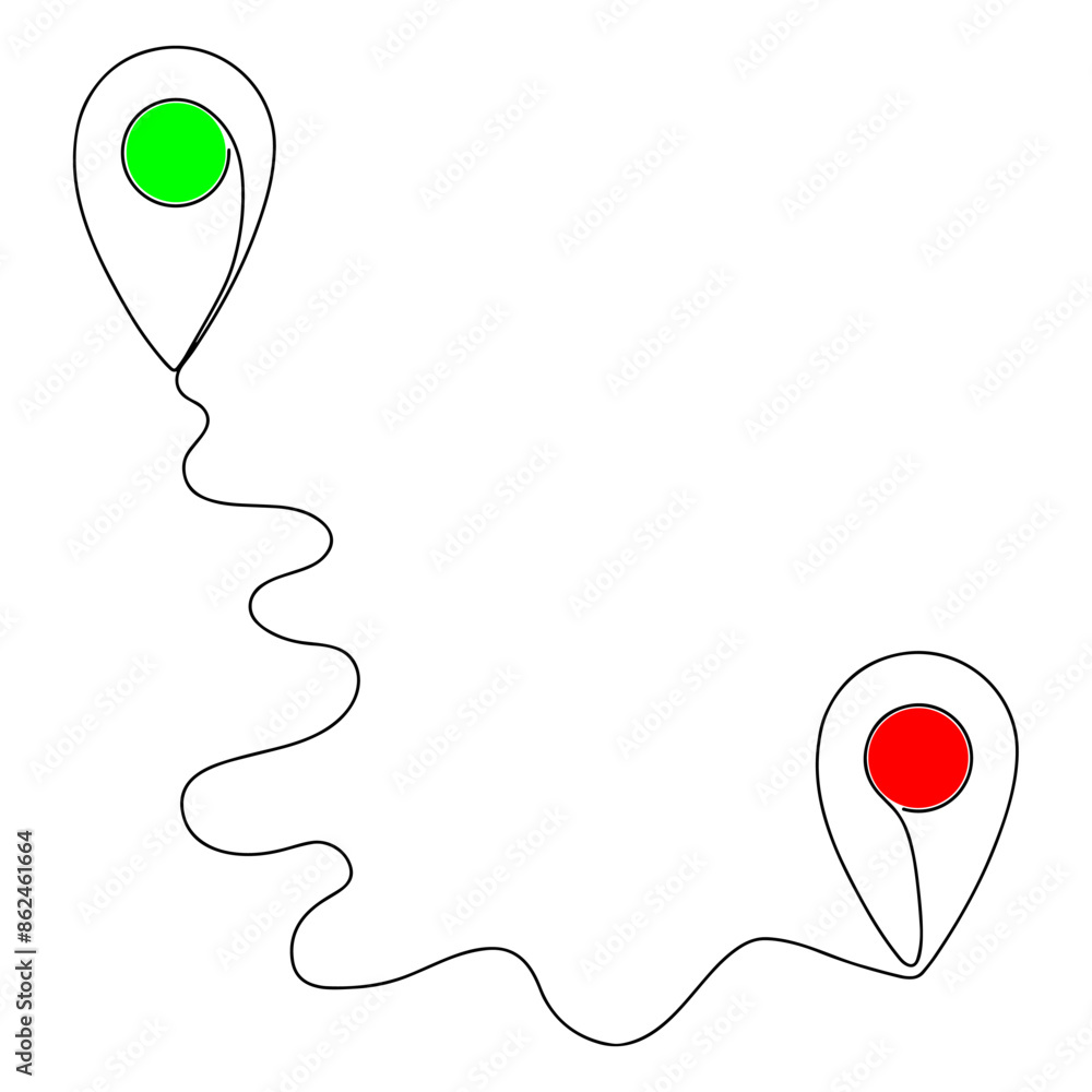 Poster continuous line drawing of route icon between points with dotted path and location pin. location poi